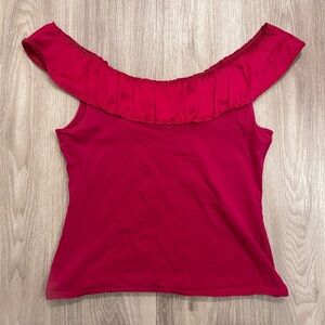 Vintage Y2K Coquette Ann Taylor Off-Shoulder Ruffle Tank Top - Red Pink